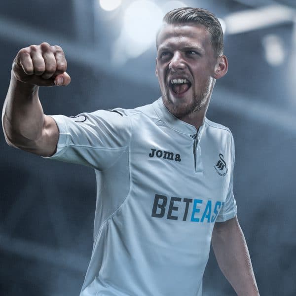 A photograph of Swansea City player from head on