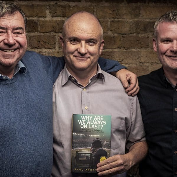 Photograph of Paul Armstrong with Guy Mowbray and Jonathan Pearce at the Why Are We Always On Last? book launch