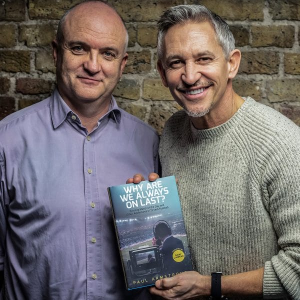 Photograph of Paul Armstrong with Gary Lineker at the Why Are We Always On Last? book launch