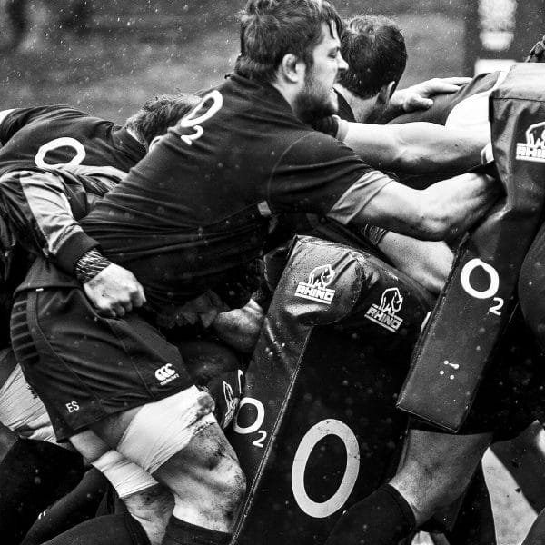 A photograph of the England Rugby team tackle training