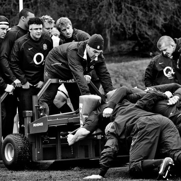 England Rugby team training on a scrum machine