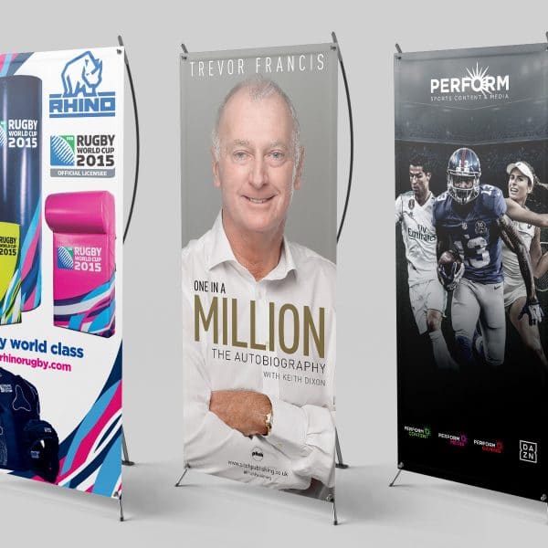 Three roller banners showing Rhino Rugby, Trevor Francis and Perform Group designs