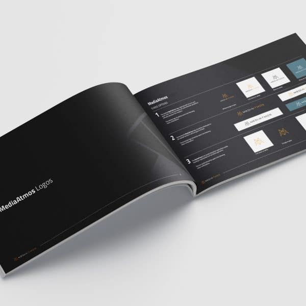 A image of the Media Atmos brand guidelines brochure open