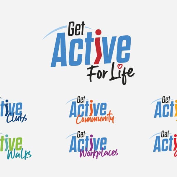An image showing multiple logo designs for Get Active for Life, NBBC