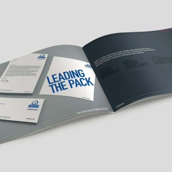 An image of the Rhino brand guidelines brochure open