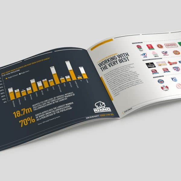 An image of the Rhino brand guidelines brochure open