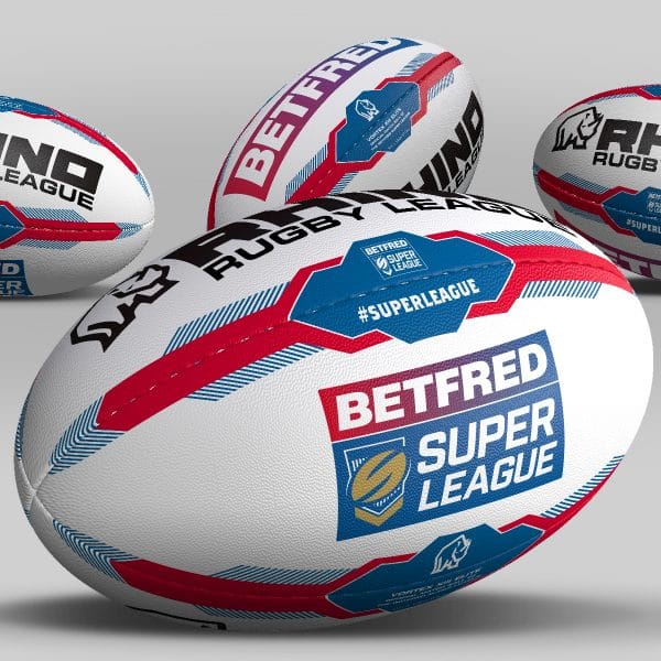 An image showing three 3D Betfred Super League rugby balls