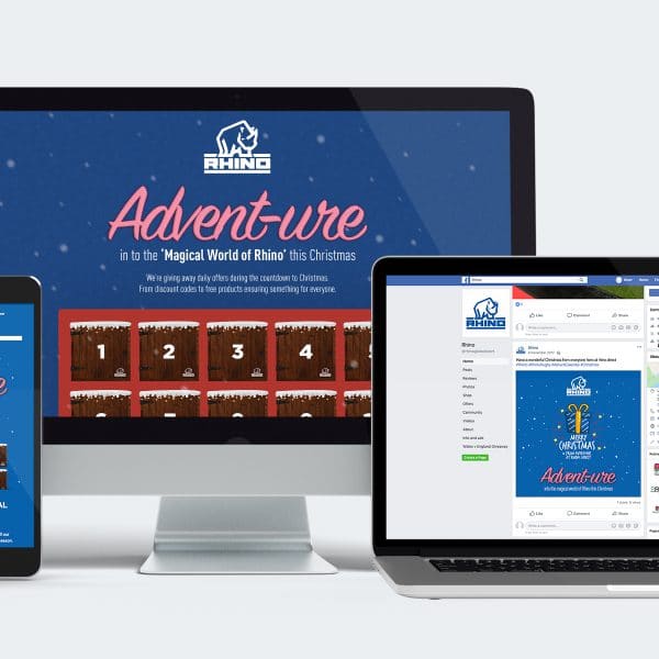Three devices showing the Rhino Christmas promotion microsite