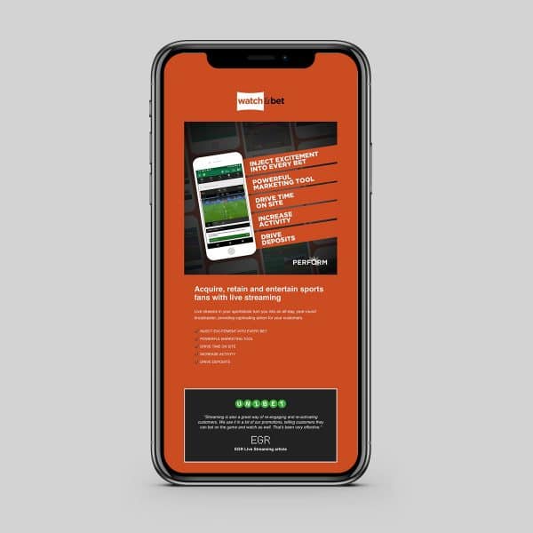 An iPhone showing an HTML Email for Watch & Bet, Perform Group