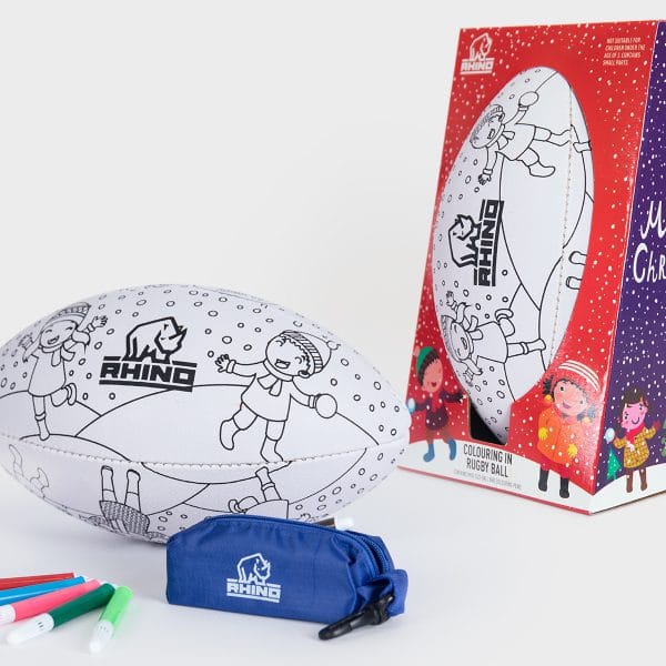 An image showing the packing of a Christmas colouring in rugby ball set