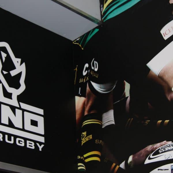 Rhino retail banner in Northampton rugby club shop