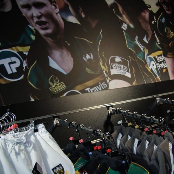 Northampton Rugby club shorts on rails in the club shop