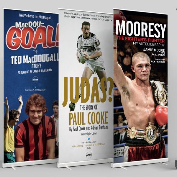 An image showing five roller banners promoting book releases