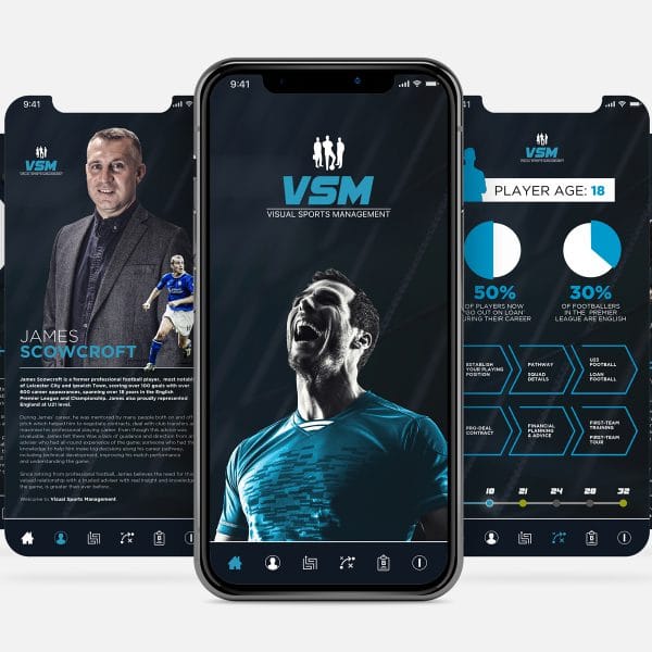 Five mobile devices showing various screens from the VSM HTML5 app