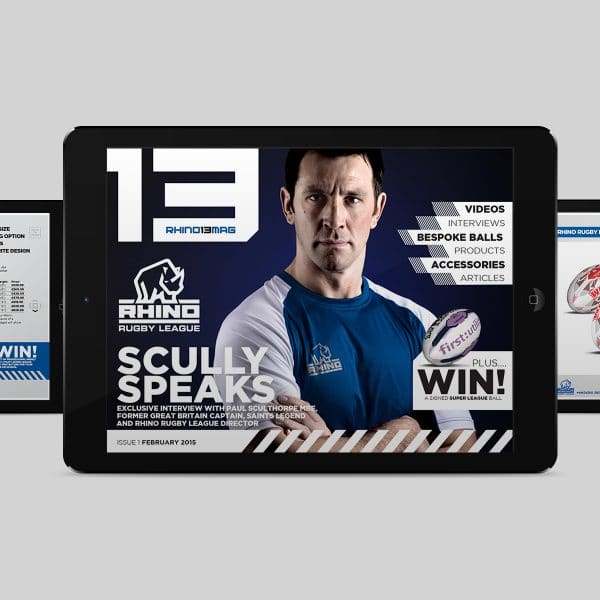 Three iPads displaying the Rhino 13 online magazine and app