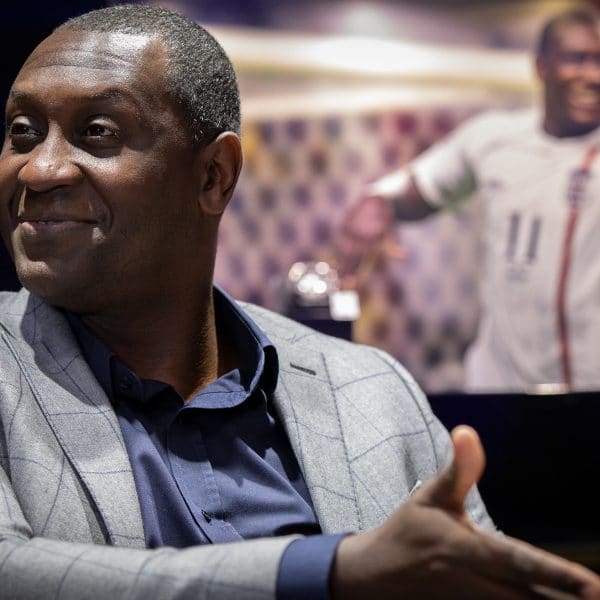 Photograph of Emile Heskey talking about his new book