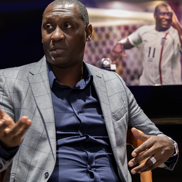 Photography of Emile Heskey talking about his new book.