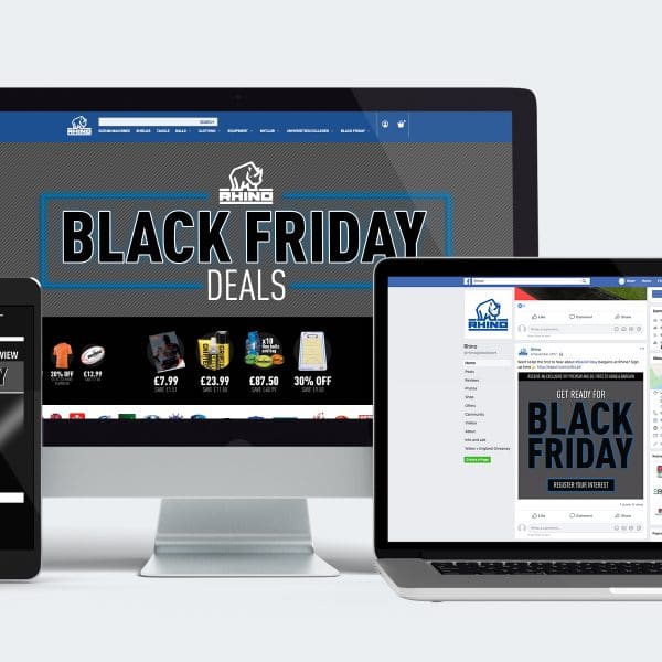 three devices showing Black Friday promotional material